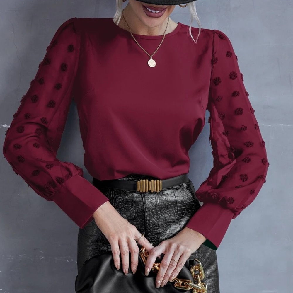 Swiss Dot Sheer Long Sleeve Blouse - Picture 6 of 12